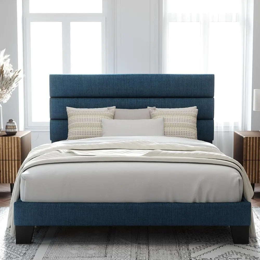 Navy Blue Queen Platform Bed Frame with Fabric Headboard, Wooden Slats, No Box Spring Needed, Easy Assembly