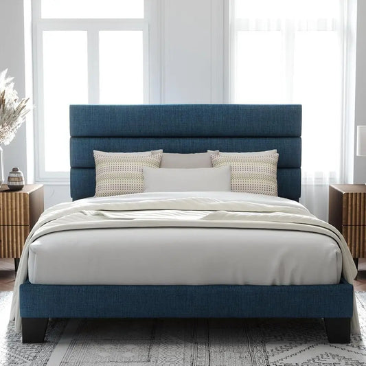 Navy Blue Queen Platform Bed Frame with Fabric Headboard, Wooden Slats, No Box Spring Needed, Easy Assembly