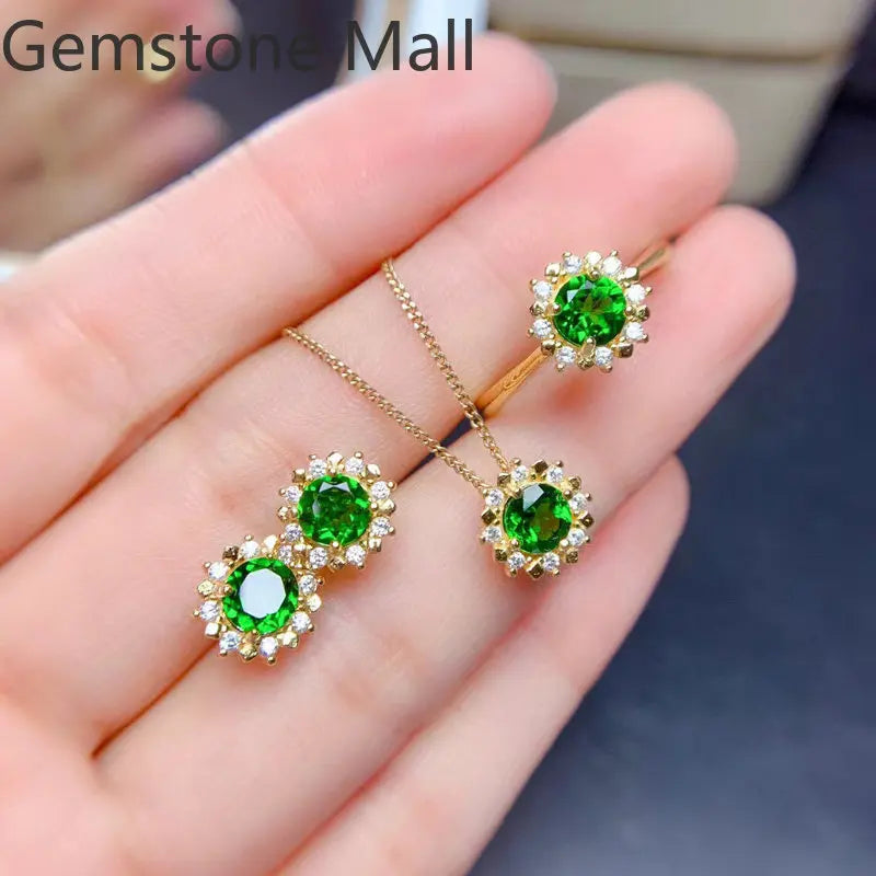 Total 2ct Natural Chrome Diopside Jewelry Set 925 Silver 5mm VVS Grade Diopside Ring Earrings Pendant with Gold Plating