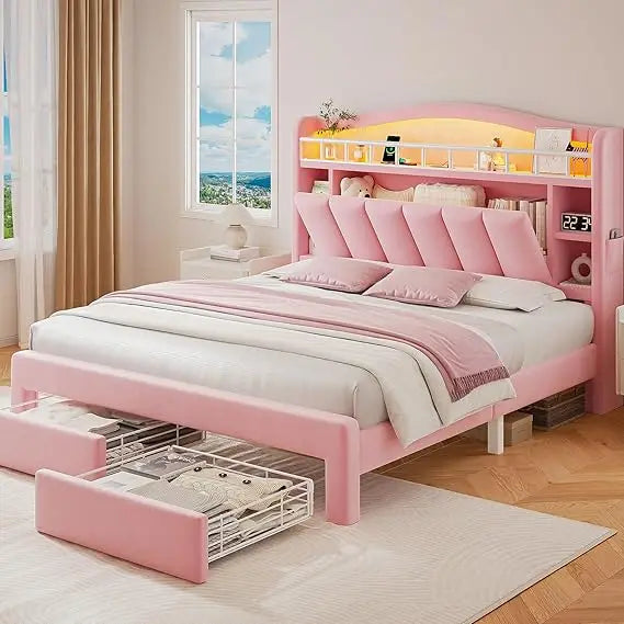 LED-Illuminated Bed Frame with Storage, Headboard & Two Drawers, Velvet Princess Bed with Vertical Tufting