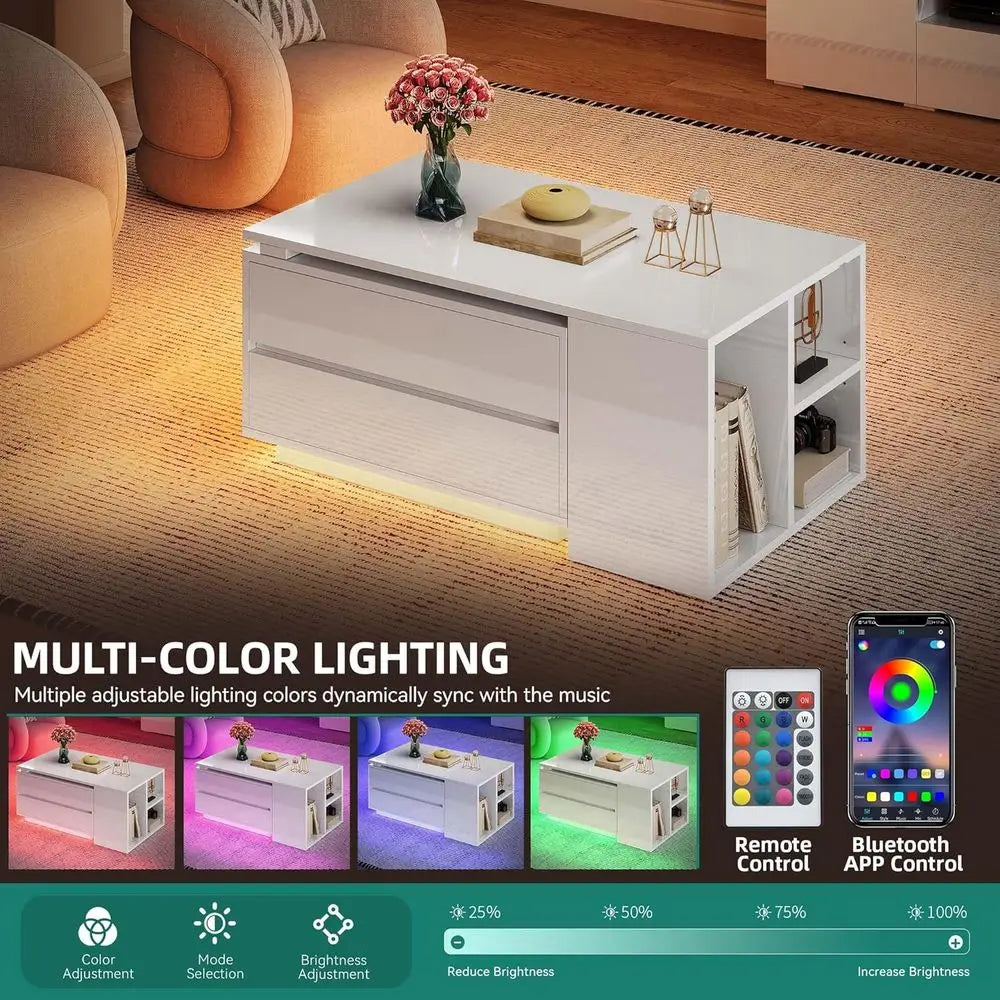 Modern Rectangular LED Coffee Table with Storage, 4 Drawers, Extendable 35-61 for Living Room, White