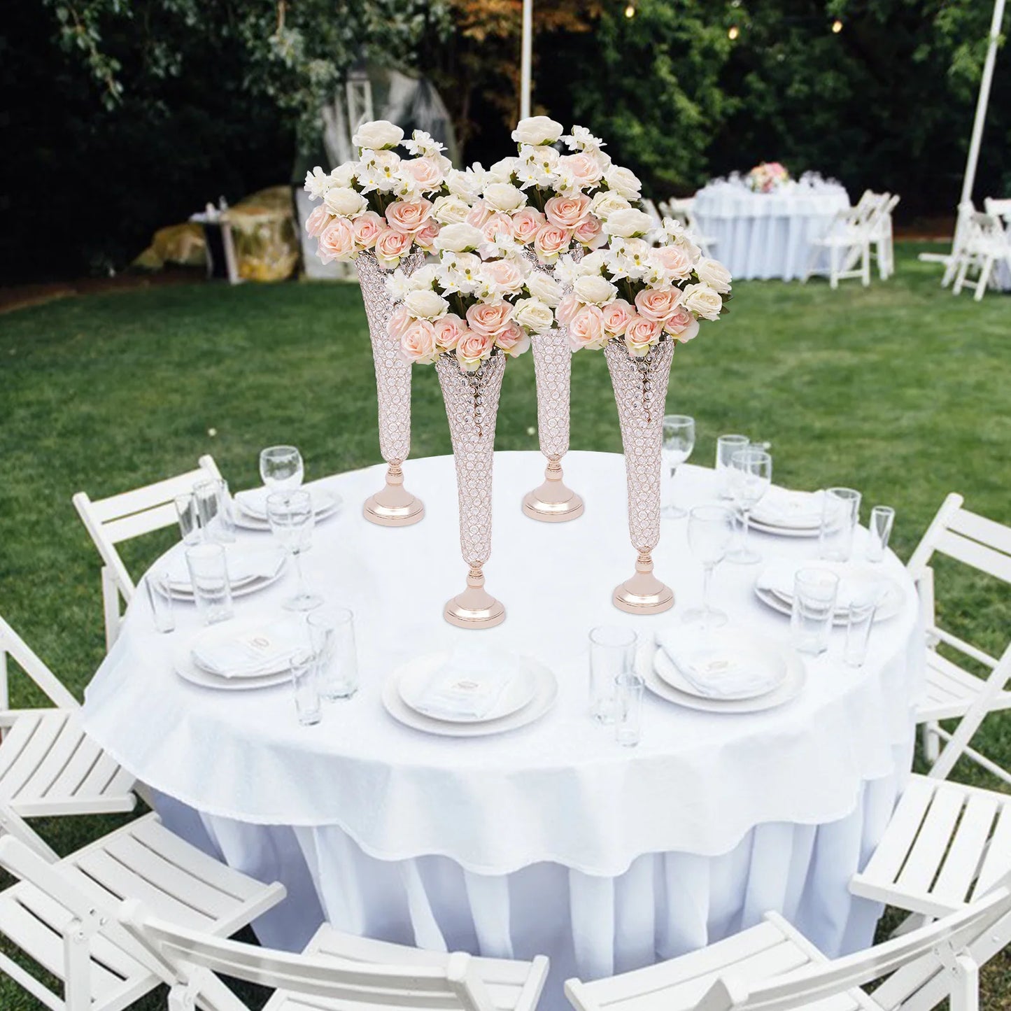 4 Pcs Elegant Gold Crystal Trumpet Floral Vase Set, Luxury Wide Mouth Vases with Sturdy Base for Home Bedroom Balcony Decor