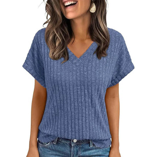 Women's Clothing Europe America All-match Knit T-shirt Summer 2025 New Casual Loose V-neck Short Sleeve Pullover Lady Solid Tops