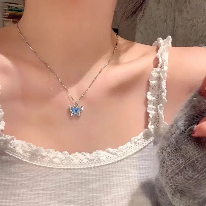 Romantic Blue Crystal Butterfly Necklace for Women Girls Simple Shiny Zircon Bilayer Choker Clavicle Chain New Fine Jewelry Gift
