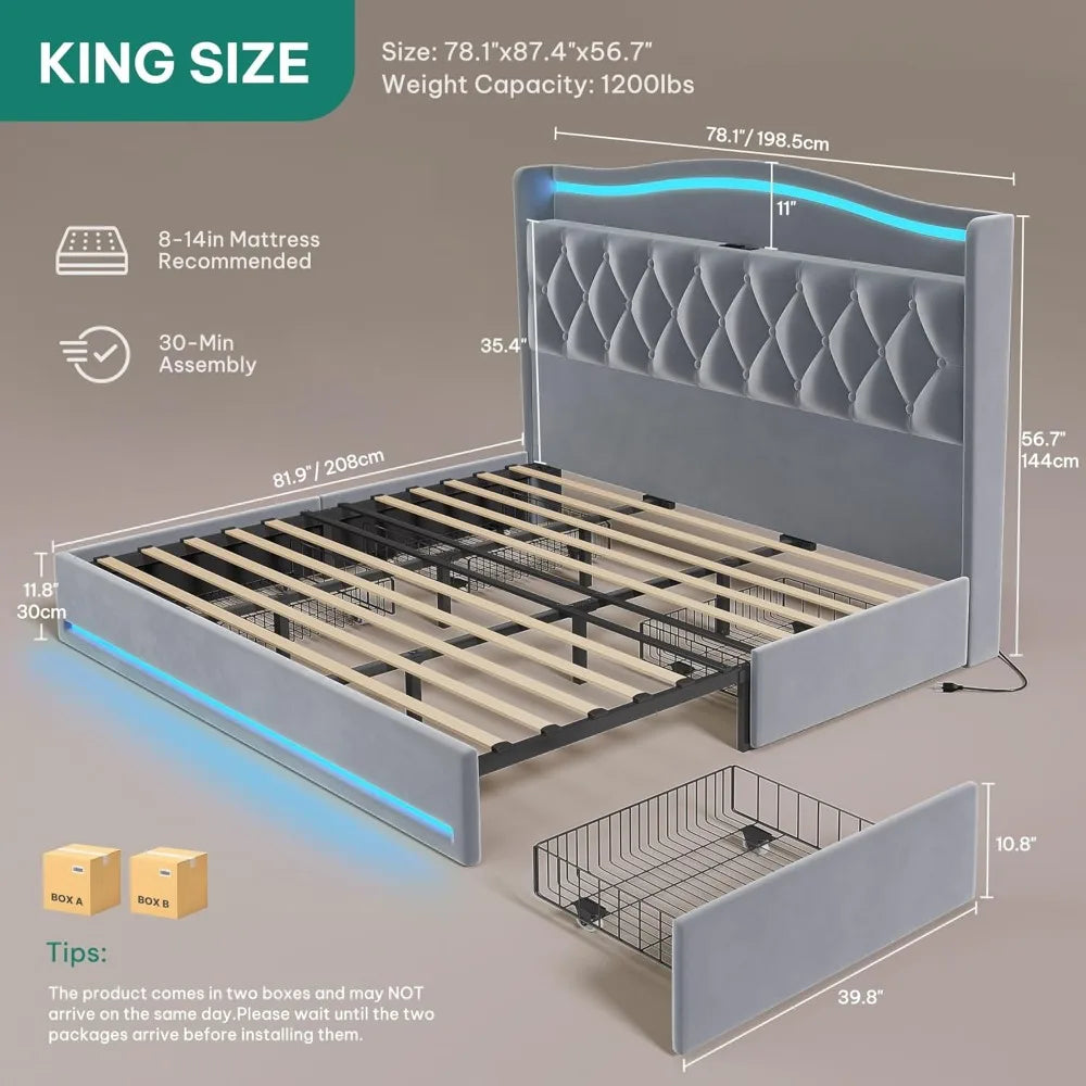 King Size Velvet Upholstered Bed Frame with 4 Storage Drawers, 57 Tall Headboard, RGB LED Lighting, and Charging Station