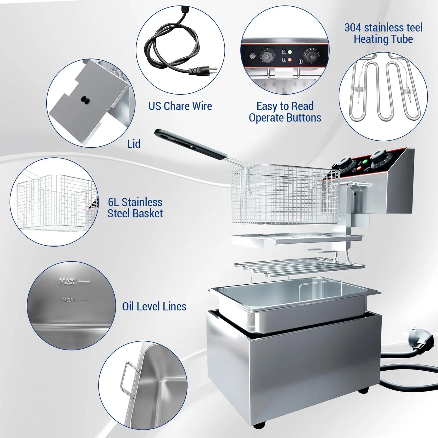 6L / 8L Commercial Deep Fryer，Stainless Steel Countertop Electric Deep Fryer with Basket, Easy to Clean