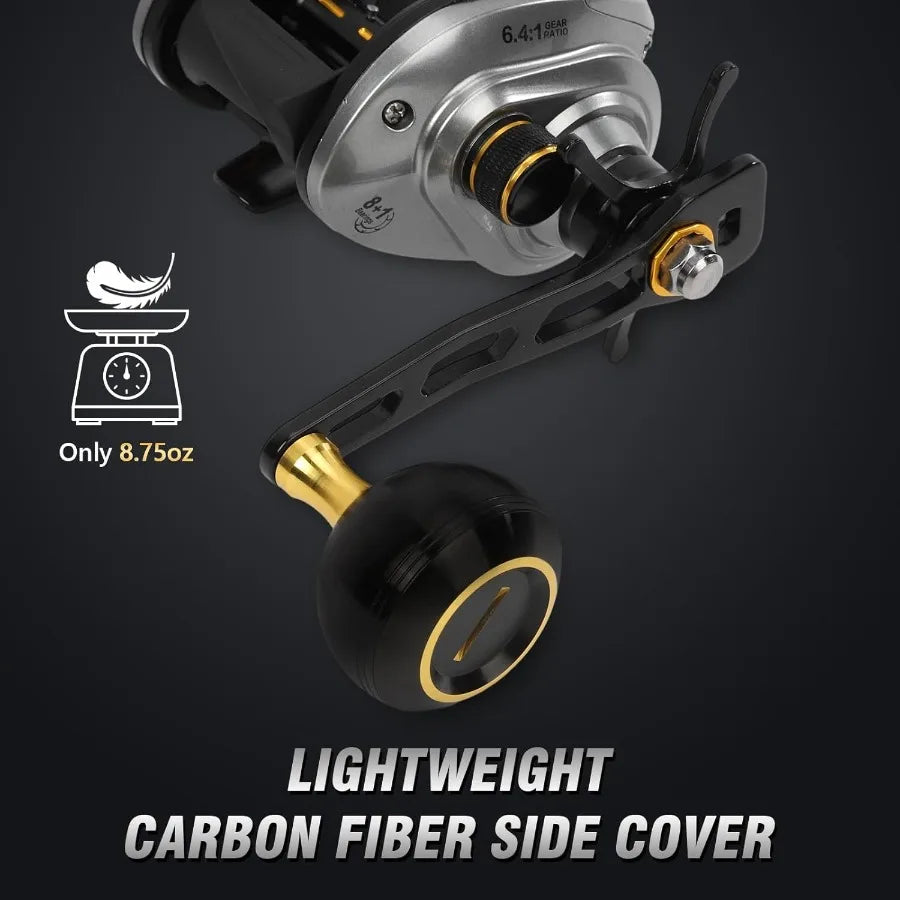 Baitcaster Reels with 6.4:1 Gear Ratio and 33 Lb Max Drag for Mandarin Fish and Sea Bass Featuring 8+1 Stainless Steel Bearings