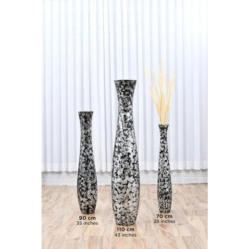 Large Silver Wooden Floor Vase - 41 Tall Decorative Holder for Artificial Plants & Pampas Grass
