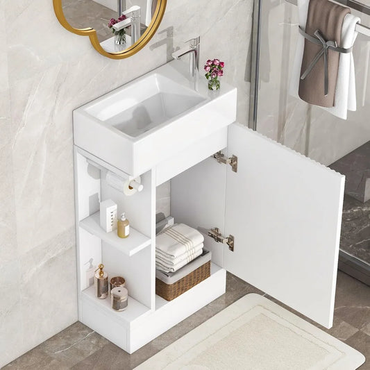 18.6" Bathroom Vanity with Ceramic Sink, Freestanding Cabinets with Open Shelf and Toilet Paper Holder, Left or Right Door Orien