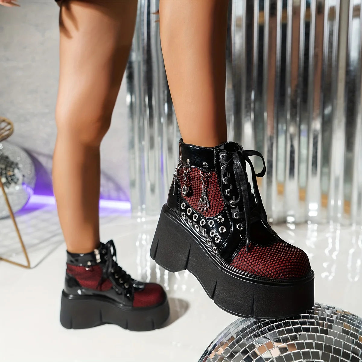 Women's Y2K Punk Goth Platform Ankle Boots Fashion Chain Round Hole Wedges High Heels Thick Bottom Cosplay Boots Woman