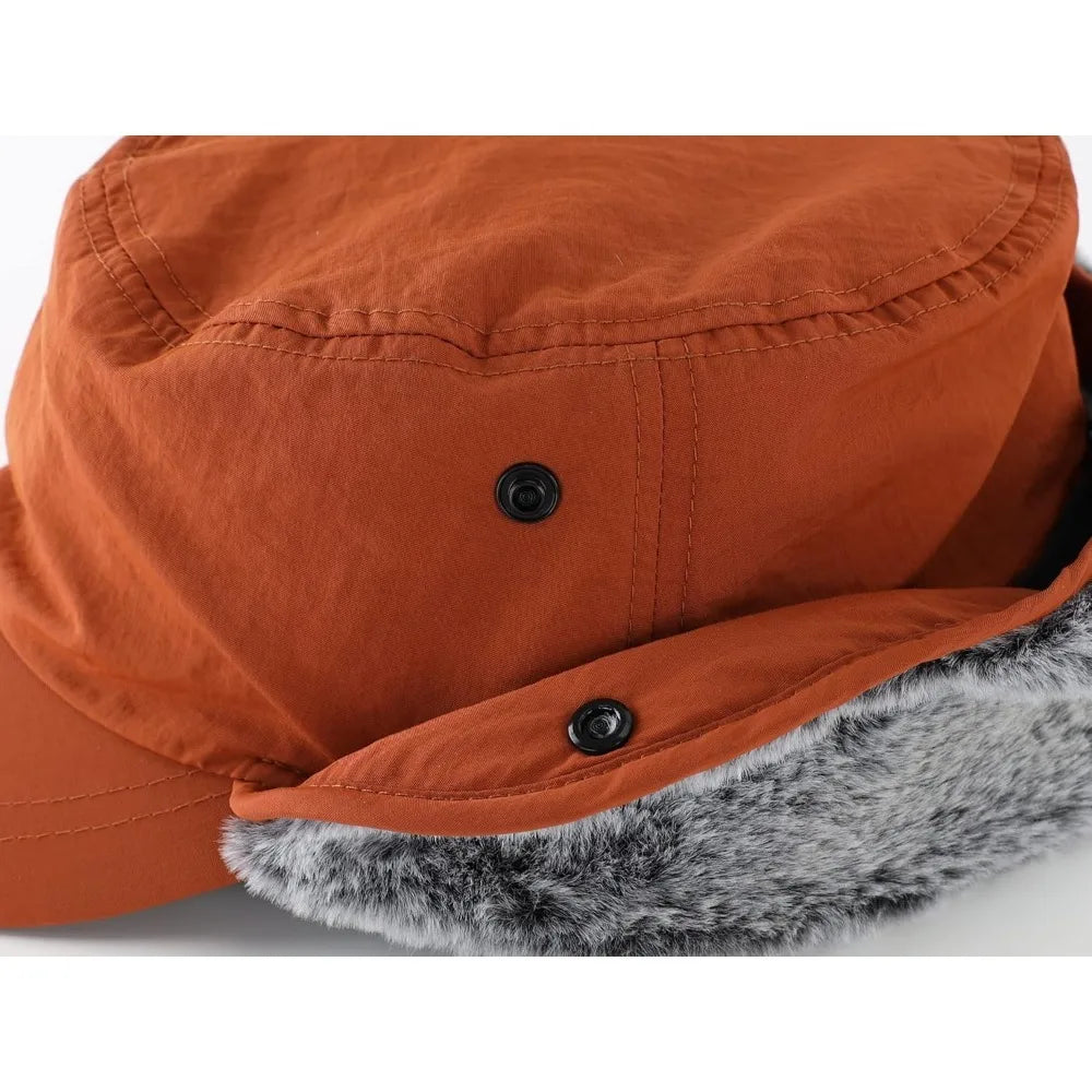 Men's Winter Hat with Visor Warm Earflaps Hat Fully Lined Faux Fur Baseball Cap Trapper Hunting Hats