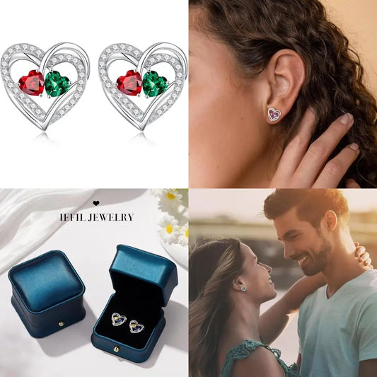 Sterling Silver Heart Birthstone Earrings, Double Stone Anniversary Gifts for Women, Ideal Birthday Present for Chris