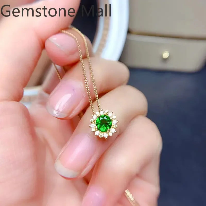 Total 2ct Natural Chrome Diopside Jewelry Set 925 Silver 5mm VVS Grade Diopside Ring Earrings Pendant with Gold Plating