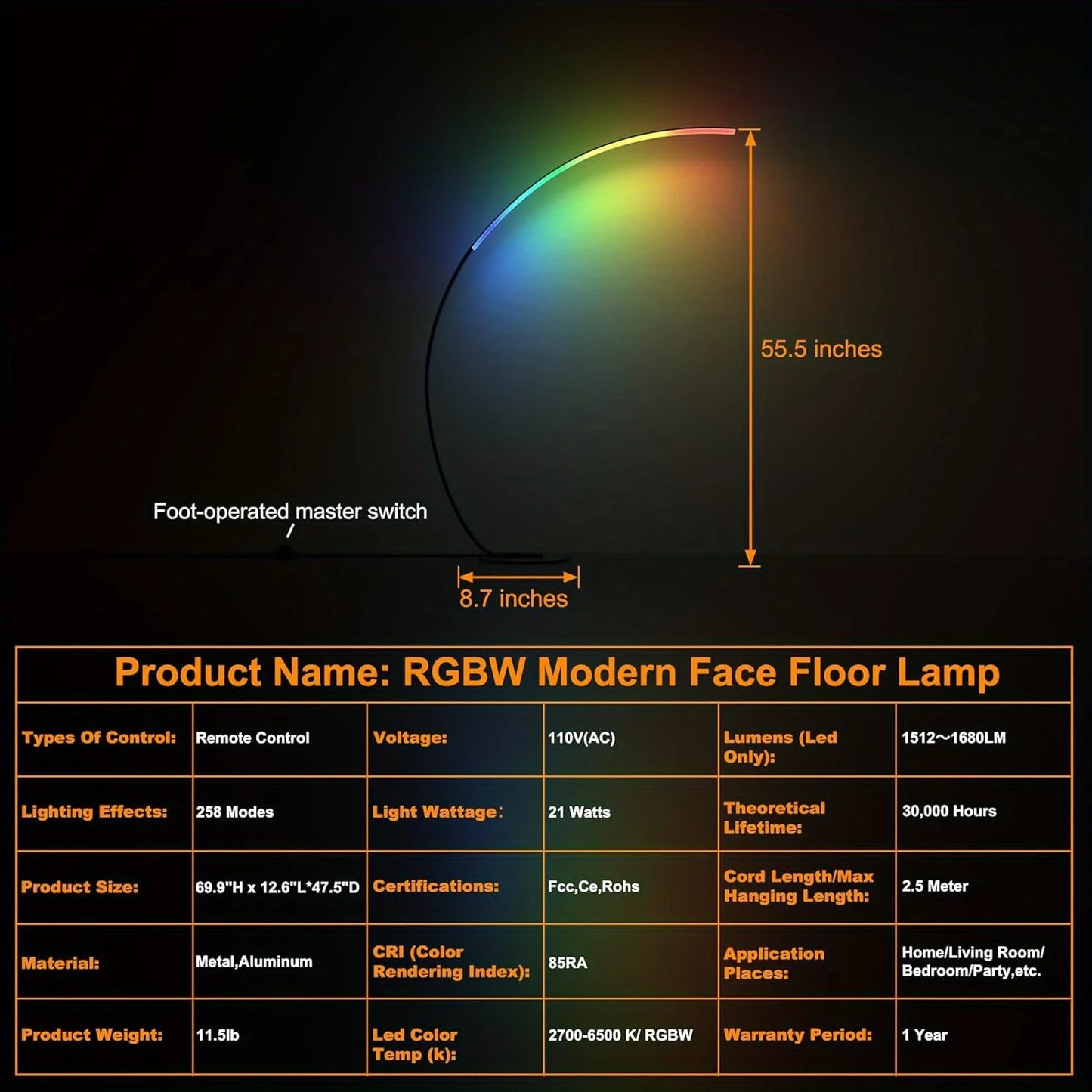RGB Floor Lamp, Ultra Bright 1800LM Smart Arc LED Floor Lamp Music Sync, Scene Modes, Modern Standing Tall Lamp