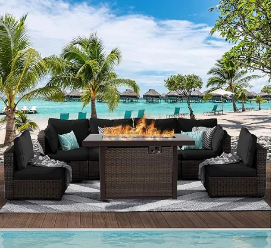 7 Piece Patio Furniture Set with Fire Pit Table, Rattan Outdoor Sectional Patio Conversation Sets with Seat Cushions for Backyar