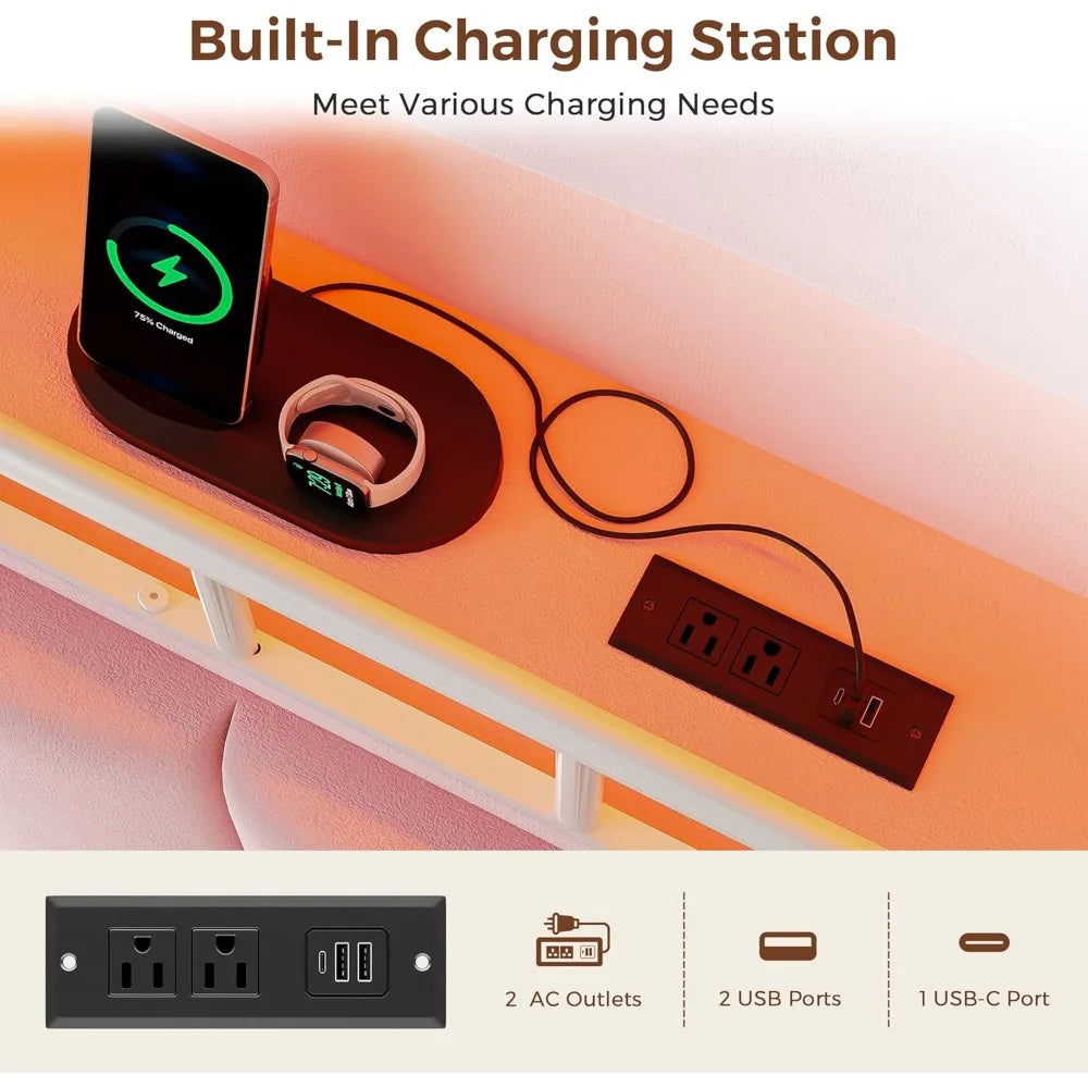 LED-Illuminated Bed Frame with Storage, Headboard & Two Drawers, Velvet Princess Bed with Vertical Tufting