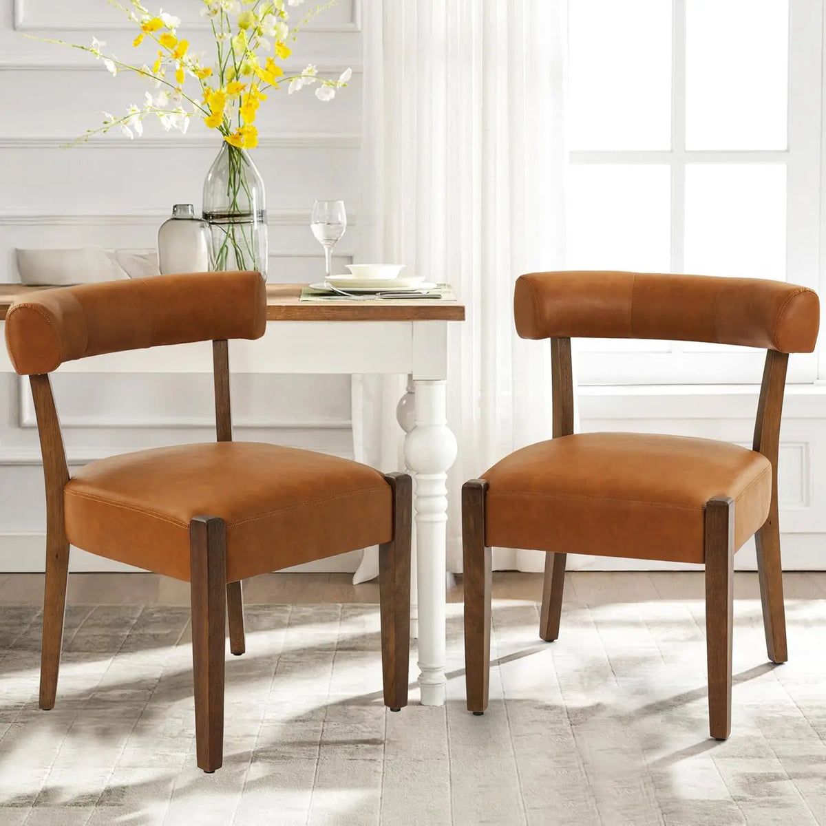 Wooden Dining Chairs Set of2 Upholstered Kitchen&Dining Room Linen Fabric Chairs Mid Century Modern Dining Woven Chairs Low Back