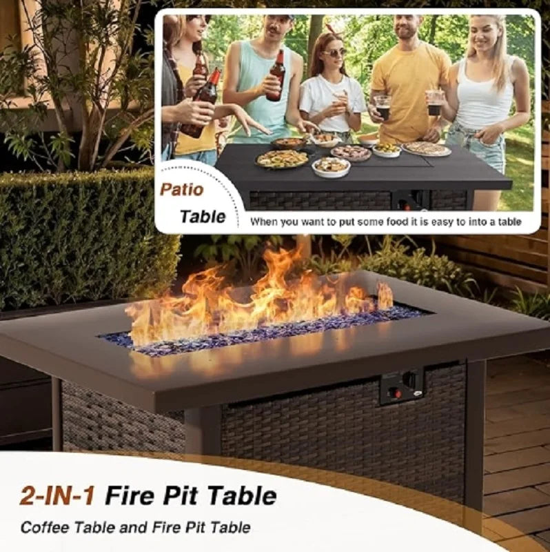 7 Piece Patio Furniture Set with Fire Pit Table, Rattan Outdoor Sectional Patio Conversation Sets with Seat Cushions for Backyar