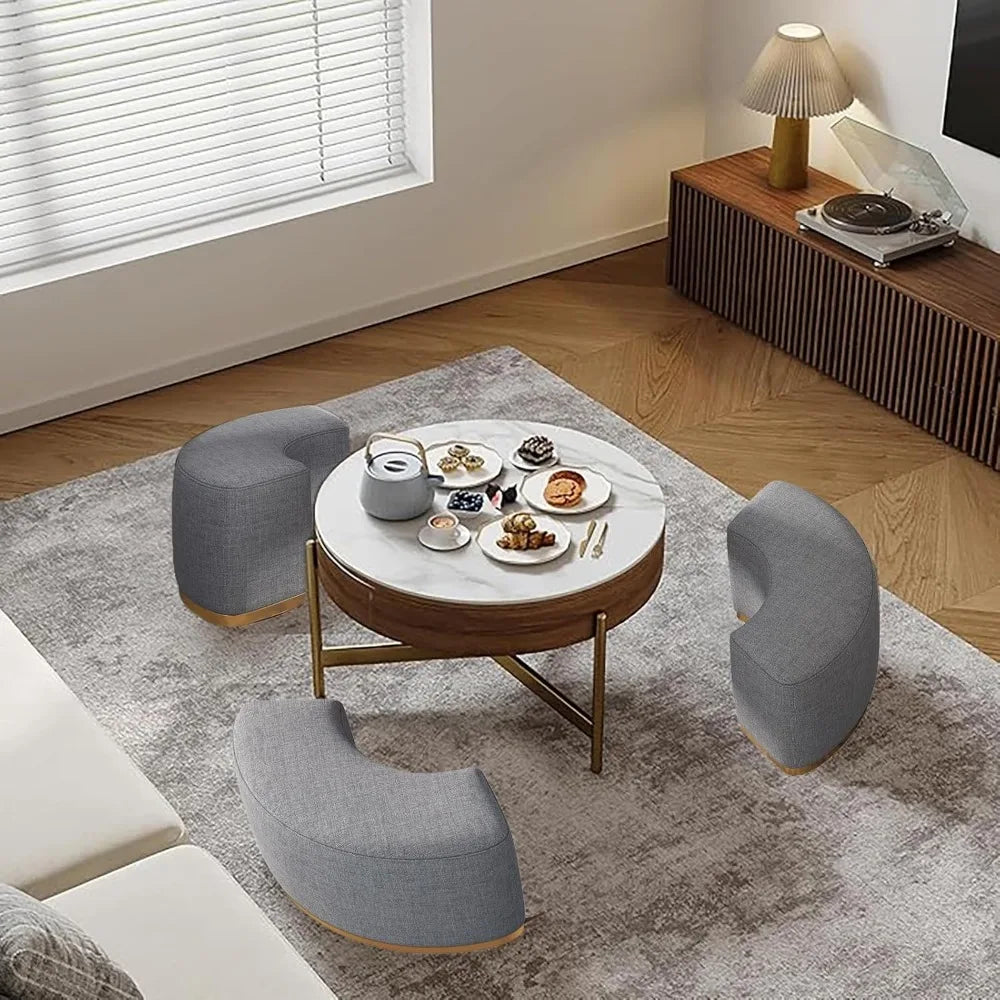 32'' Elegant Round Lift-Top Marble Coffee Table Set with Hidden Storage Soft Nesting Ottomans Modern Farmhouse Living Room Decor