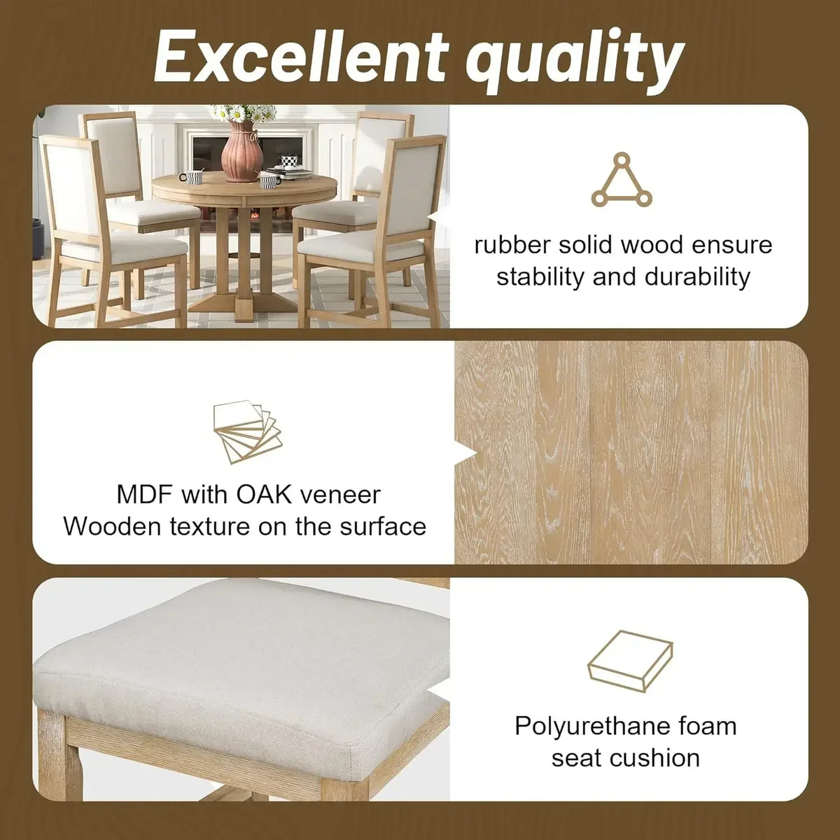 （XMSJ-Hot）5-Piece Farmhouse Round Dining Table Set with Extendable Round Table and 4 Upholstered Chairs, Compact Table Set for K