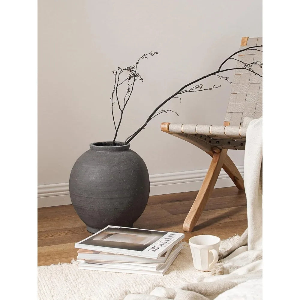 Large Round Black Ceramic Floor Vase, 12.5 Inch Tall, Ideal for Centerpieces and Rustic Minimalist Home Decor, Farmhouse Style A