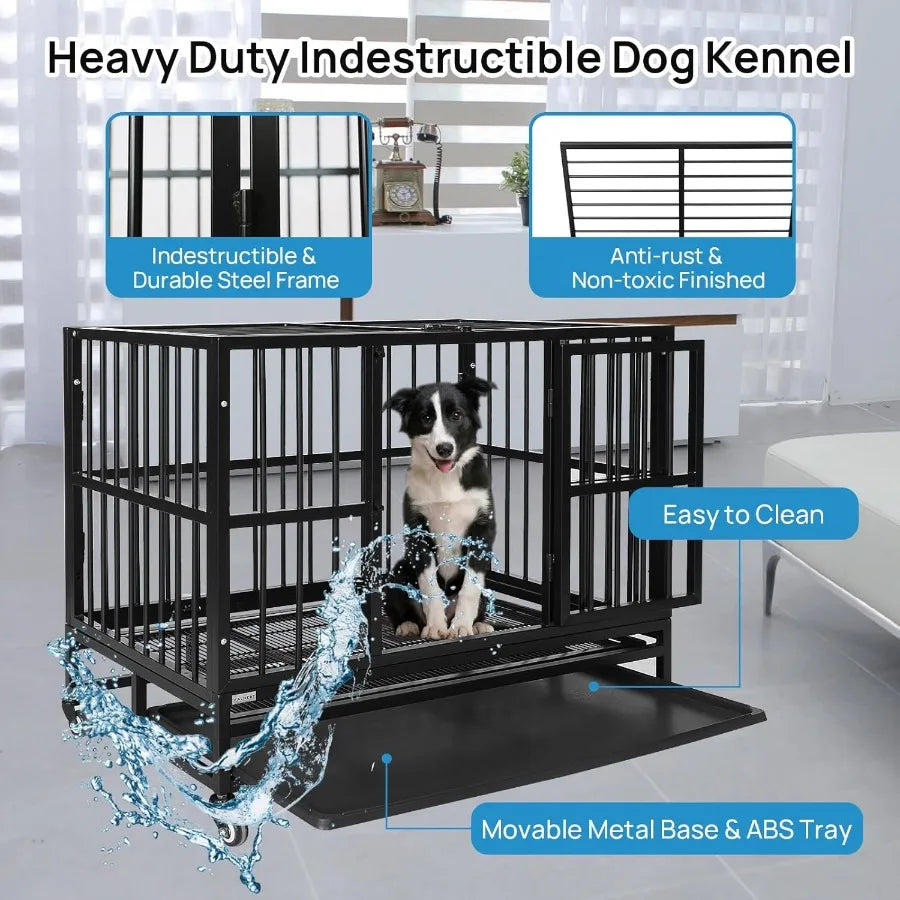 Heavy Duty Dog Kennel 37-Inch with Indestructible Steel Frame Portable Design Featuring Wheels Double Doors for Easy Access Stu