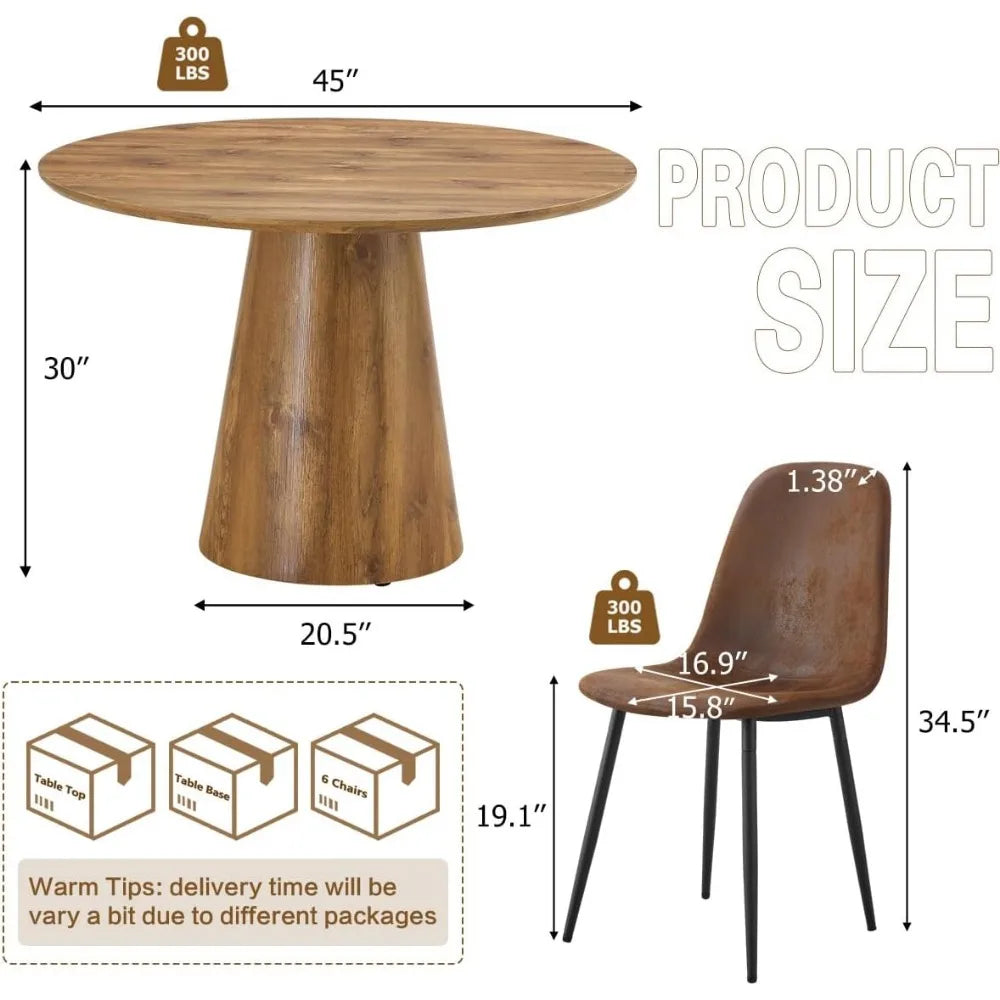 Round Dining Table Set for 6, 45 Inch Round Dining Table with Cushioned Chairs, Brown Kitchen Table and Chair Set for Living Roo