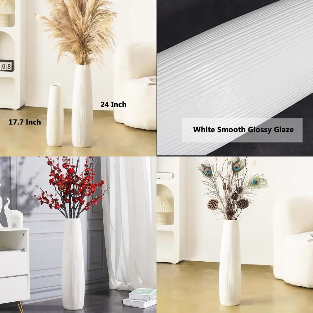 Large White Ceramic Floor Vase, 24 Tall Decorative Vase for Modern Living Room, Home Office, Bedroom, Farmhouse Style, Glossy Fi