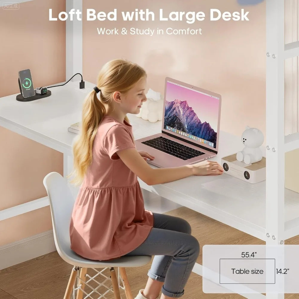 Full Size Loft Bed with Desk, 8 Drawers, LED Lighting, Power Outlet, 2 Shelves, and Clothing Rack