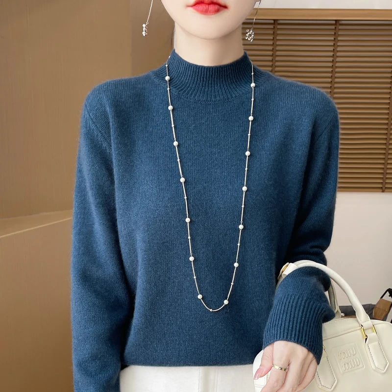 One Line Half Height 100% Andy Velvet Knitted Sweater For Women's Autumn And Winter New Top, Loose Long Sleeved Basic Style GH79