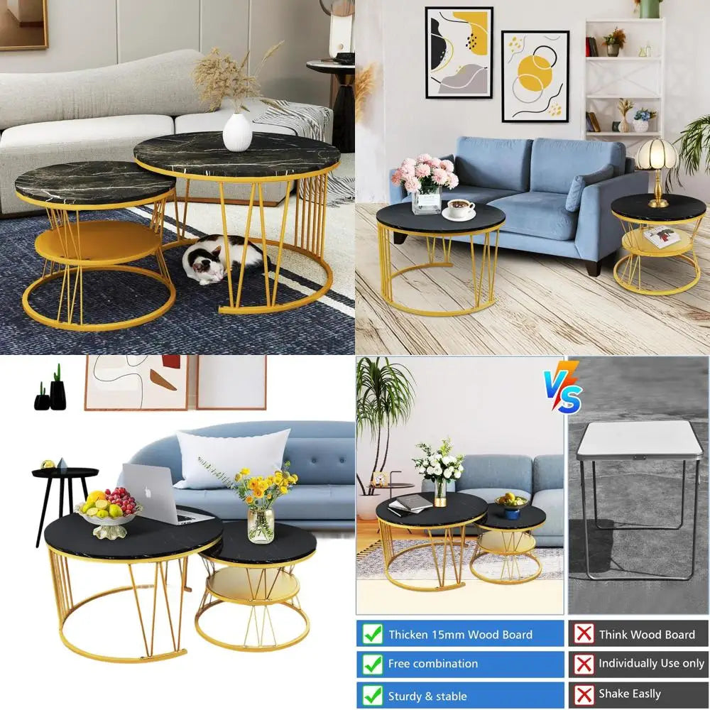 Modern Stackable Black Gold Marble Coffee Table Duo for Small Living Spaces