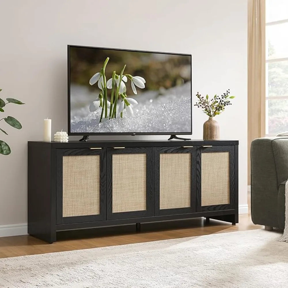 4 Rattan Cabinets Farmhouse Television Stands with Storage Large Media Console Table for TVs up to 45 50 55 60 65 Inch
