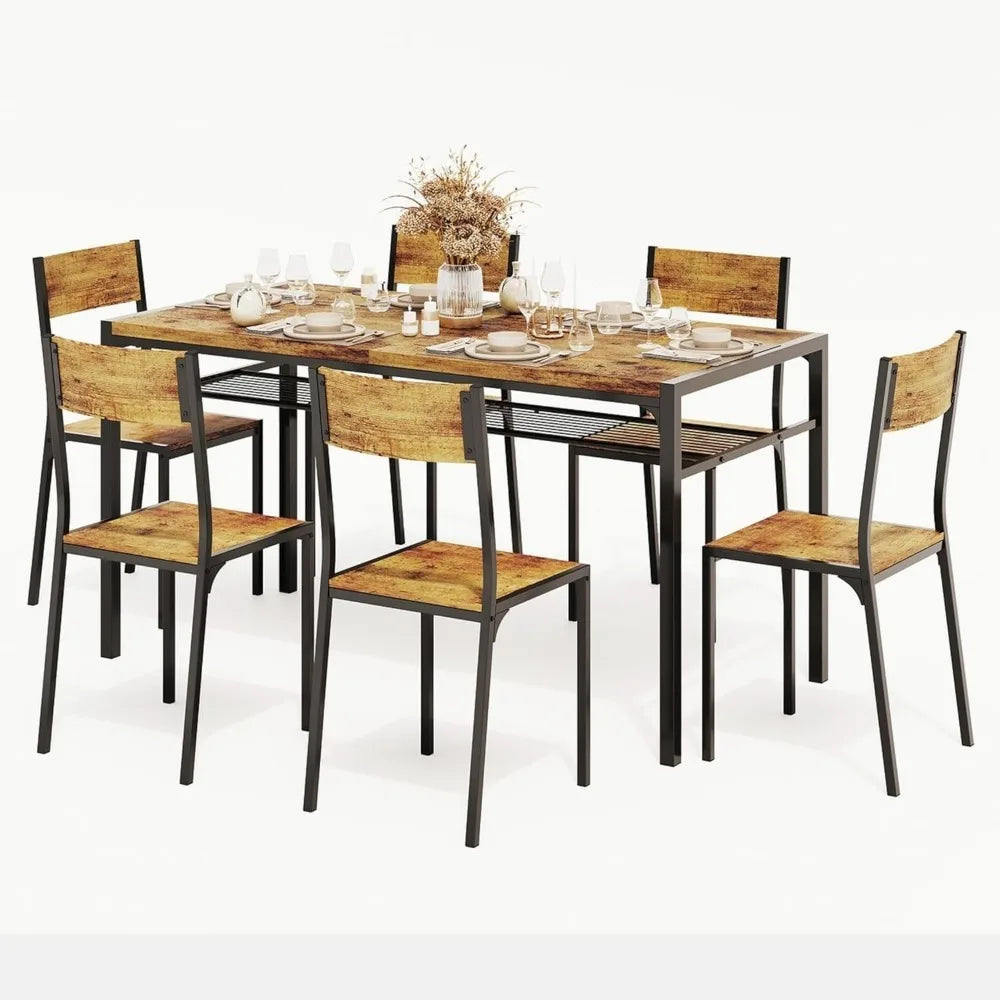 Dining Table Set for 6 with Chairs, 7-Piece Kitchen Table Set for Small Space, Apartment, Kitchen, Dining Room, Space-Saving