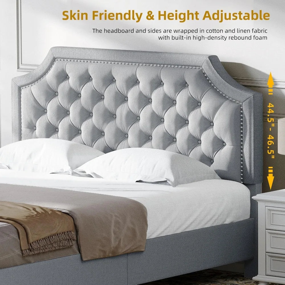 Grey Linen Upholstered Full Size Bed Frame with Adjustable Headboard and 12 Underbed Storage
