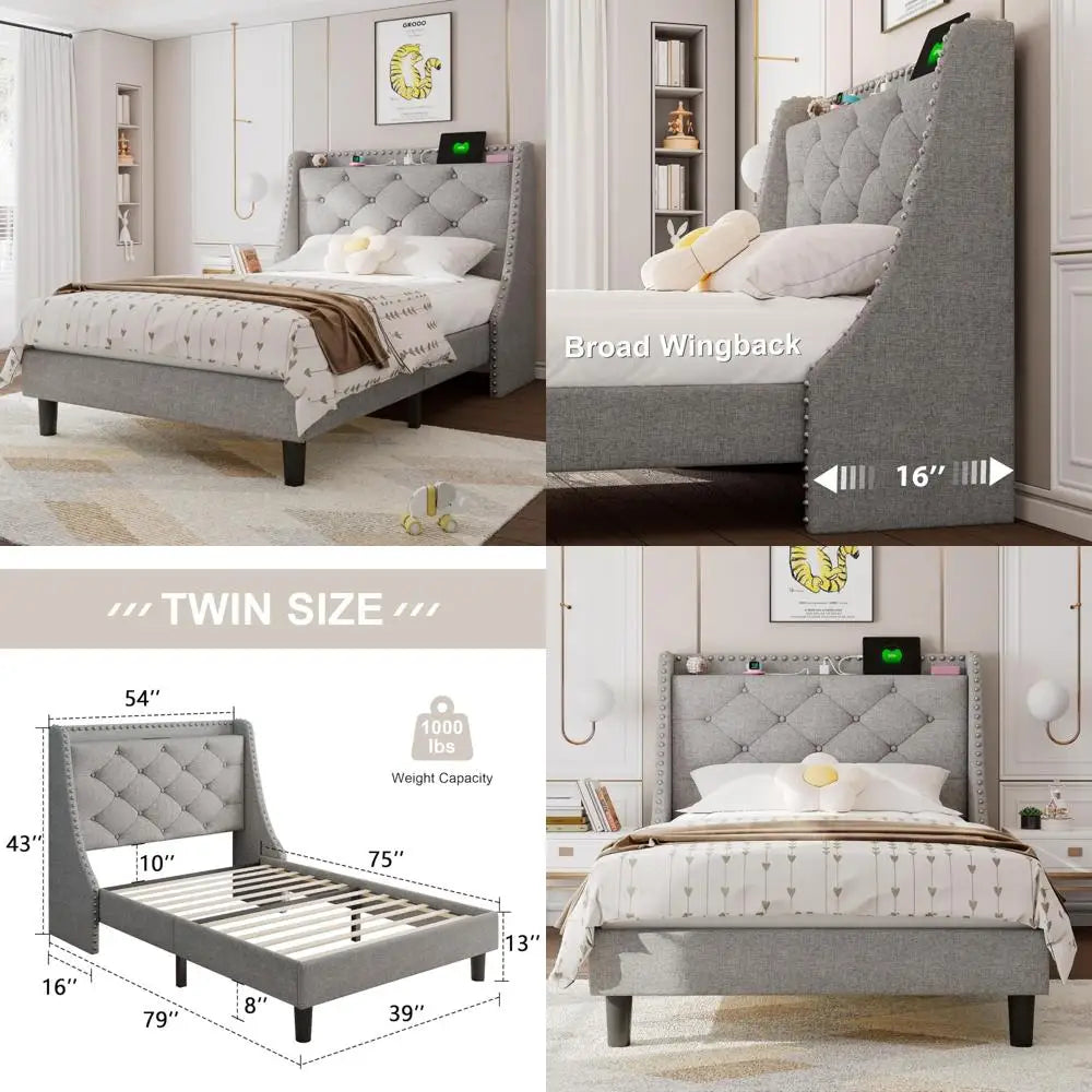 Twin Bed Frame with Upholstered Storage Headboard, Button Tufted Wingback Design, Fast Charging Station Included
