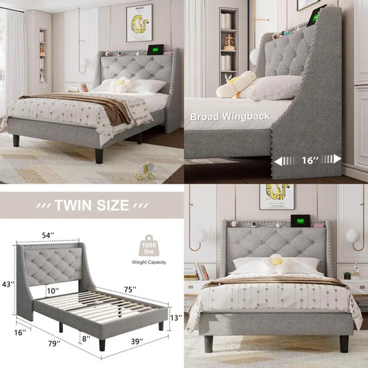 Twin Bed Frame with Upholstered Storage Headboard, Button Tufted Wingback Design, Fast Charging Station Included