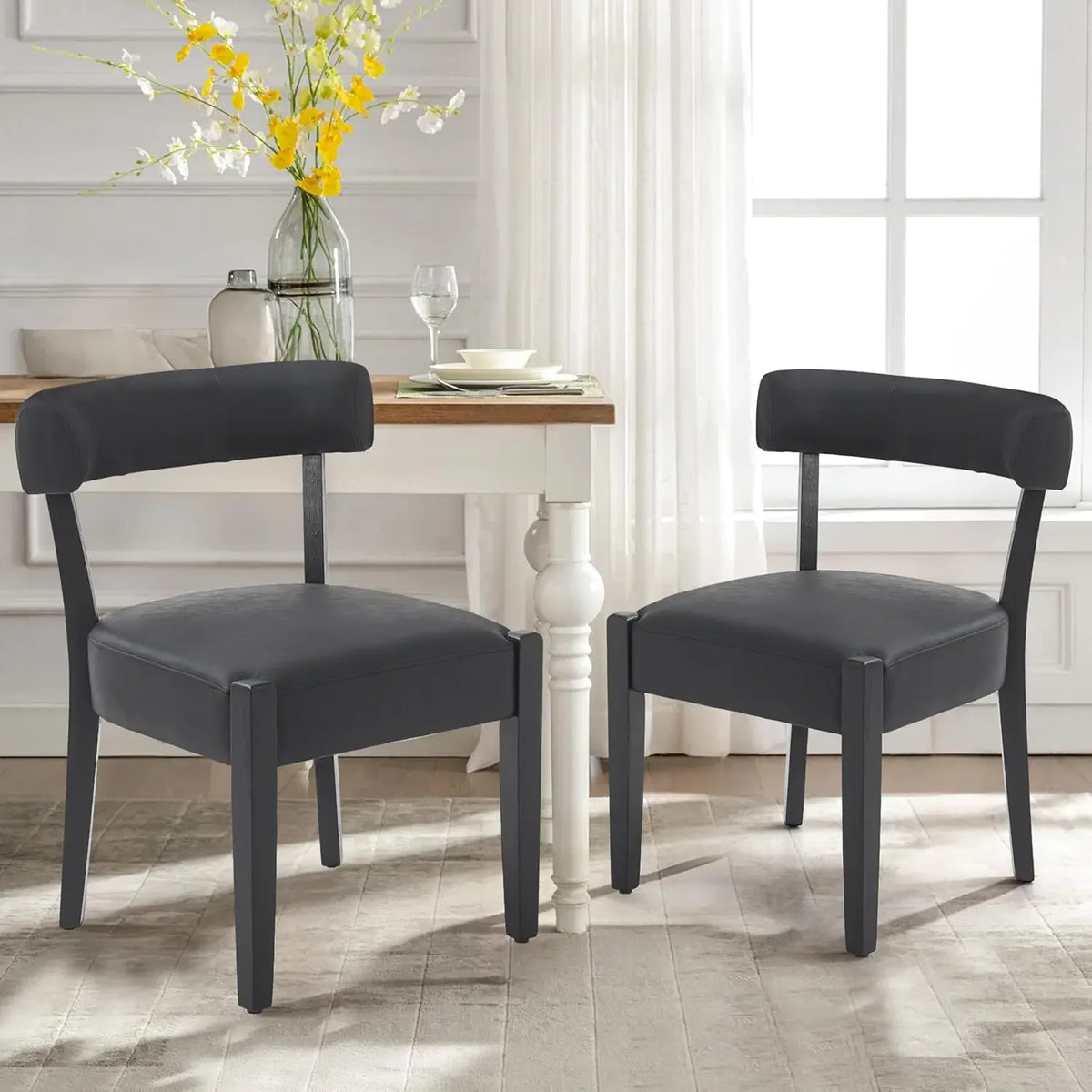 Wooden Dining Chairs Set of2 Upholstered Kitchen&Dining Room Linen Fabric Chairs Mid Century Modern Dining Woven Chairs Low Back