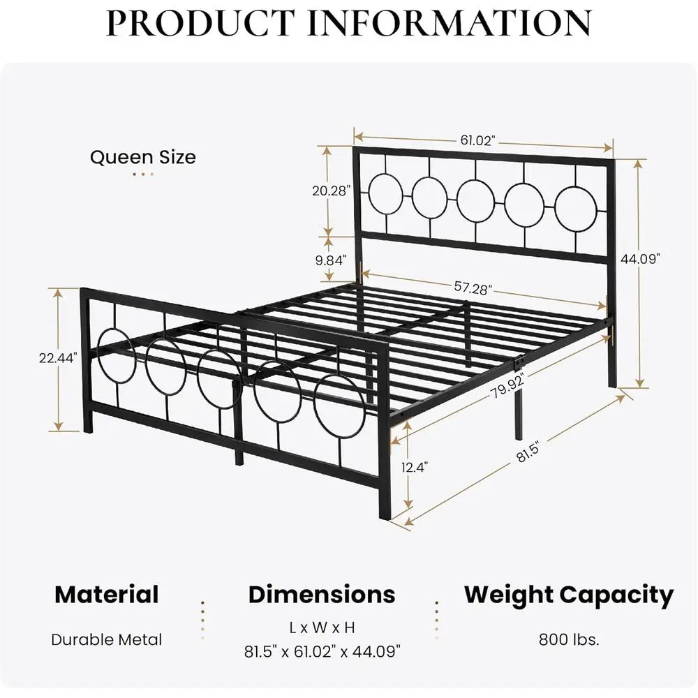 Vintage-Style Queen Metal Bed Frame with Circular Headboard and Footboard, No Box Spring Needed, Easy Assembly, Black