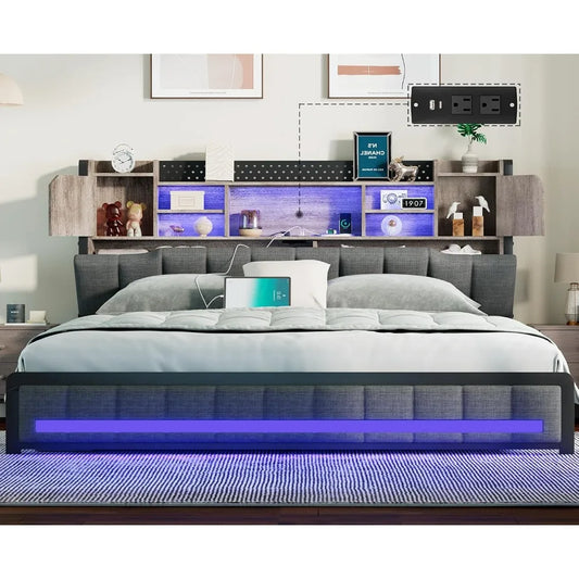 Queen Bed Frame with Storage Bookcase Headboard & LED Lights, Upholstered Bed Frame Queen Size with USB Charging Station, Heavy
