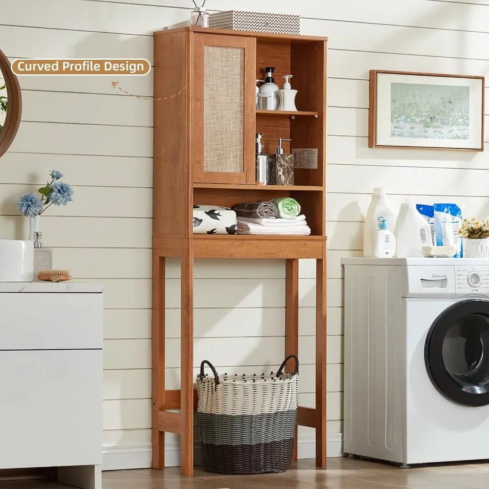 Over Toilet Storage Cabinet with Rattan Sliding Door, 68 Tall Wood Bathroom Organizer with Adjustable Shelves