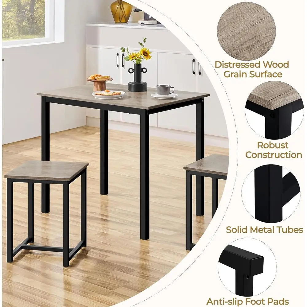 Compact 2-Person Dining Table Set with 2 Stools, Gray, Space-Saving Design for Kitchen, Dining Room, Living Room