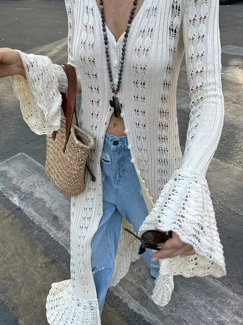 Women's Elegant Long Sleeve Cardigan - V-Neck Collar Button Front Closure, Solid Beige Layered Sweater for Spring/Fall, Casual t