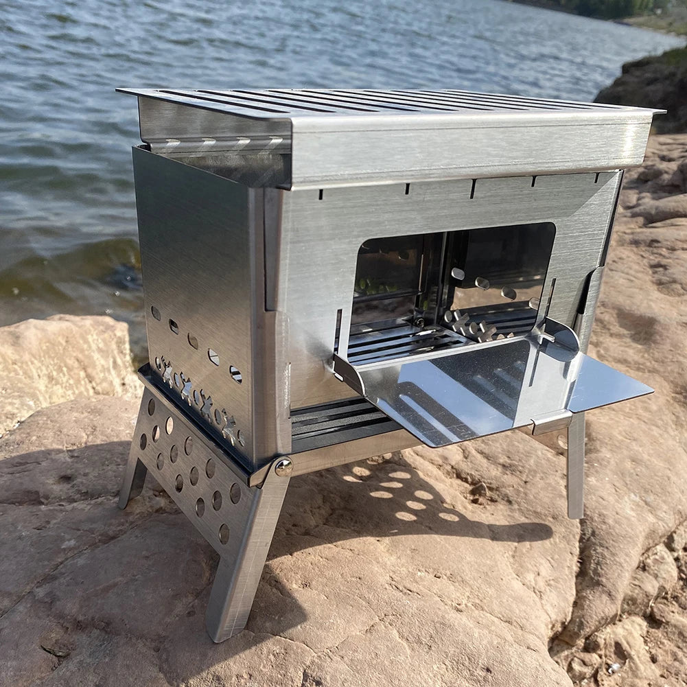 Stainless Steel Camping Wood Stove Portable Folding Barbecue Firewood Stove Ultralight for Fishing Hiking for Backpacking Picnic