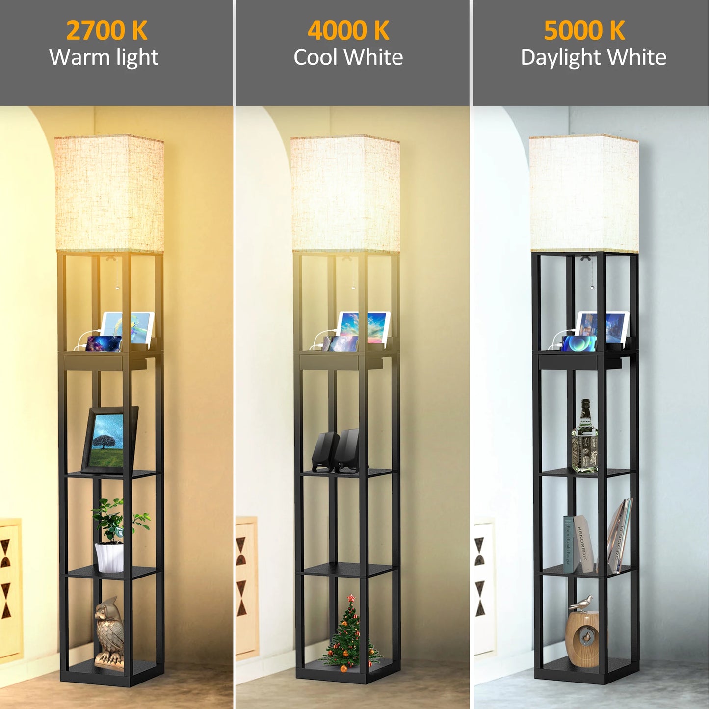 67" Column Floor Lamp with Shelves, Solid Wood, USB Ports, Storage Drawer and Bulb Included