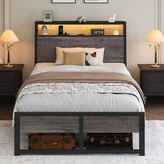Twin Size Bed Frame with Built-in Charging Port and LED Lighting, Twin Bed Platform with Storage Headboard and Strong Steel Slat