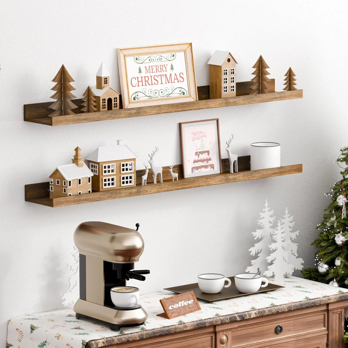 Floating Shelves for Wall, Wood Mounted Shelf Decor Storage Set of 6, for Living Room, 35.5 inch Long Picture Ledge, Brown