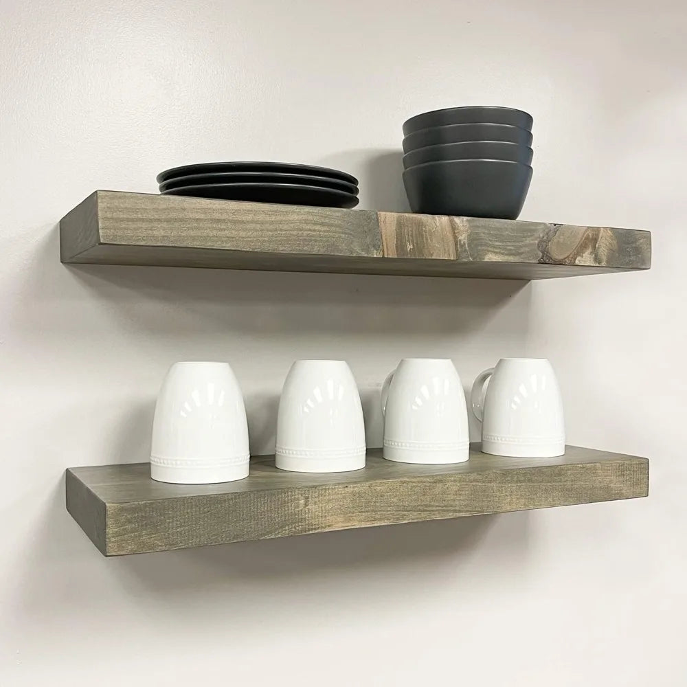 Solid Wood Heavy Duty Rustic Floating Shelves Set of 2 with Hidden Brackets, Wall Mounted, Grey, 12 Inches Wide x 6 Inches Deep,