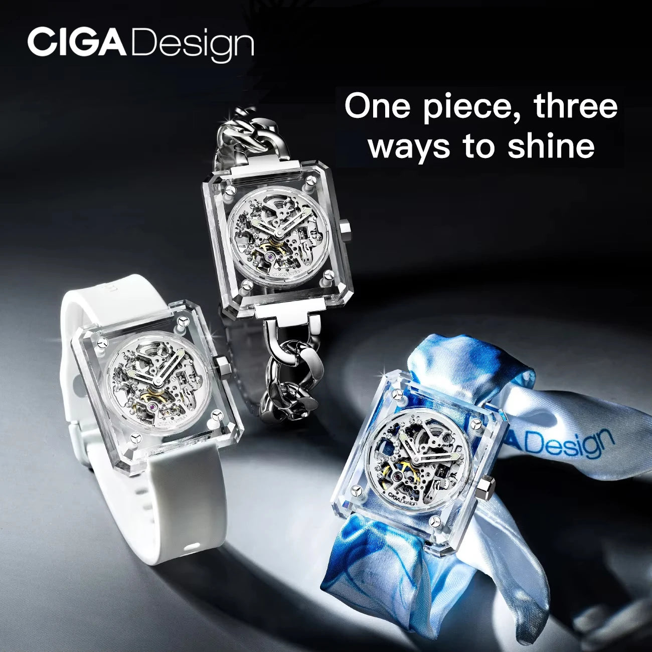 CIGA Design R Series Crystal Love Ladies Watches Luxury Automatic Watch Women Transparent Skeleton Mechanical Watch 3 Straps