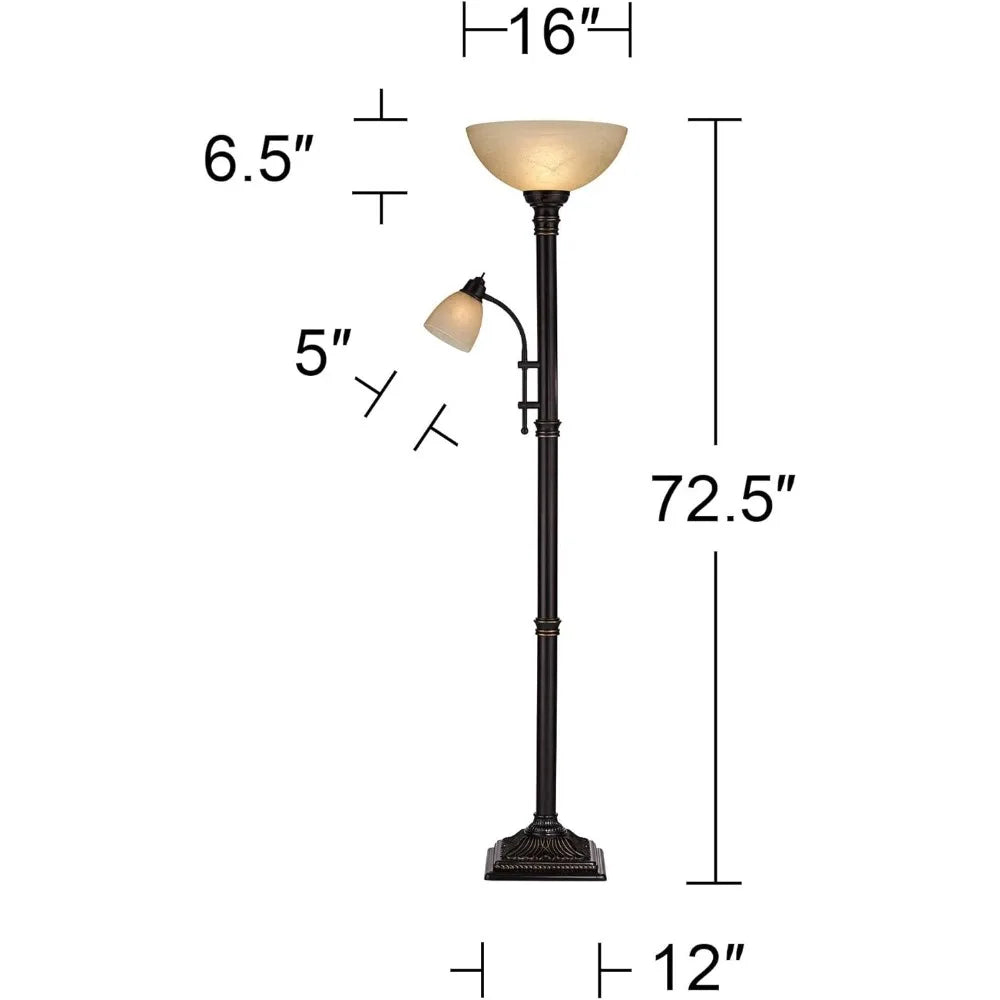 Traditional Torchiere Floor Lamp with Adjustable Gooseneck Arm, 72.5 Tall, Oiled Rubbed Bronze Finish, Amber Glass Shade