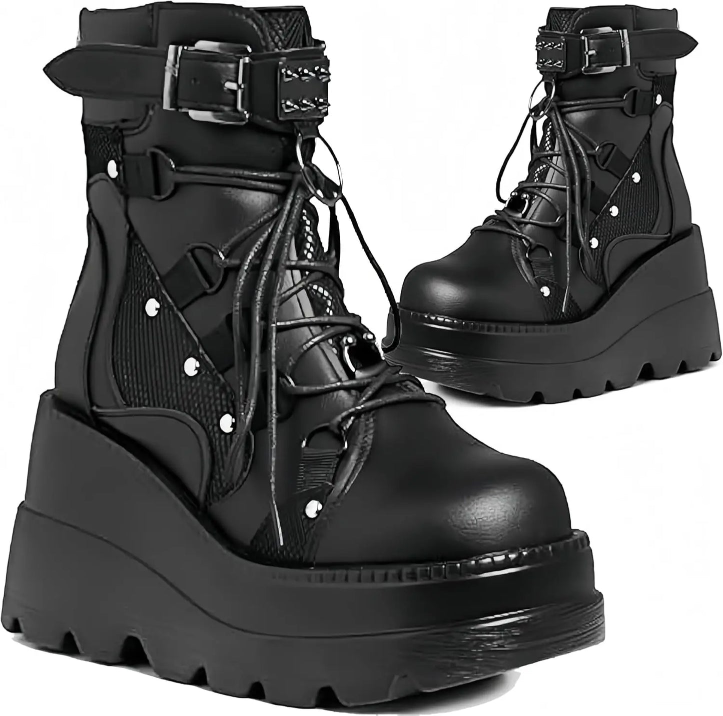 Women's Goth Cosplay Wedge Combat Ankle Boots Fashion Stylish Punk Buckle Lace-up Zipper Dress Boots Ladies Summer Outdoor Shoes